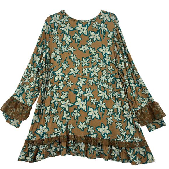 LOGO Lori Goldstein Tunic Blouse Top Size 2X Brown Green Floral Ruffle FLAW - Picture 8 of 13
